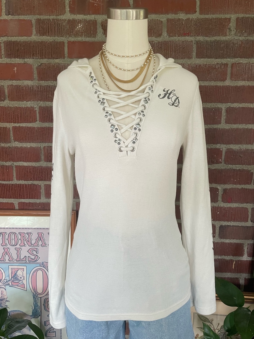 Harley-Davidson White Lace-Up Hooded Long Sleeve Top - Picture 3 of 5